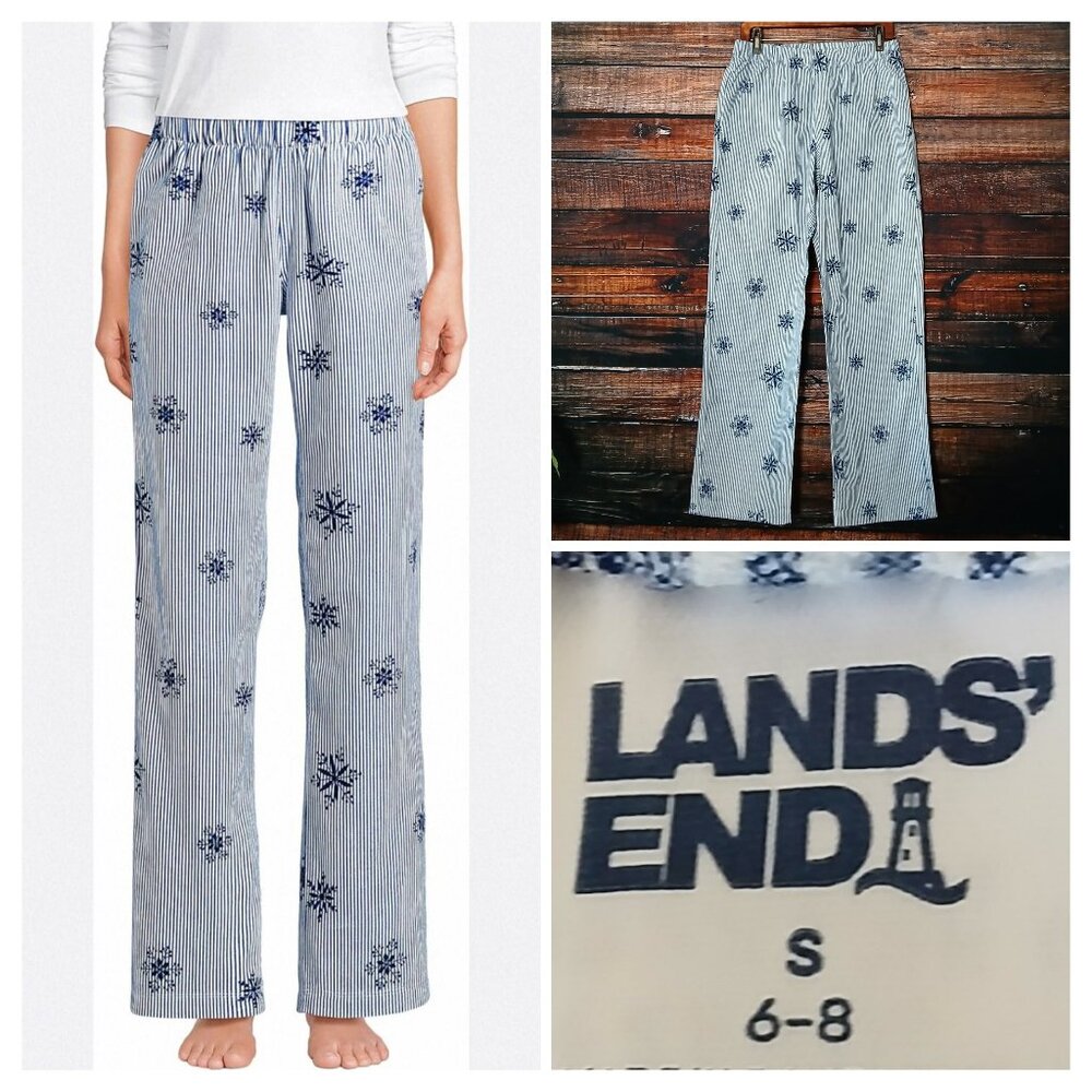Lands End Flannel Pajama Pants S Blue White Striped Snowflake Pull On Pockets